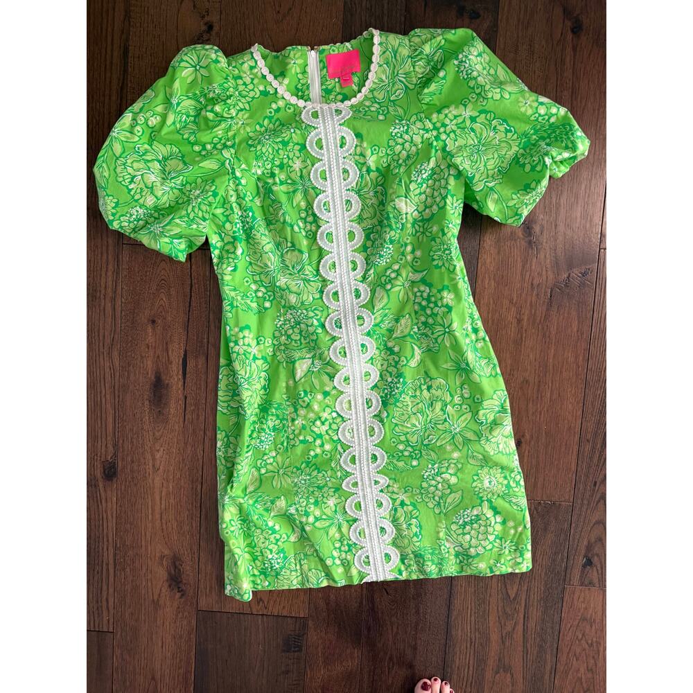 Lilly Pulitzer Green Floral Shift Dress Sz 14 Puff Sleeve Lace Trim Preppy - Picture 2 of 6